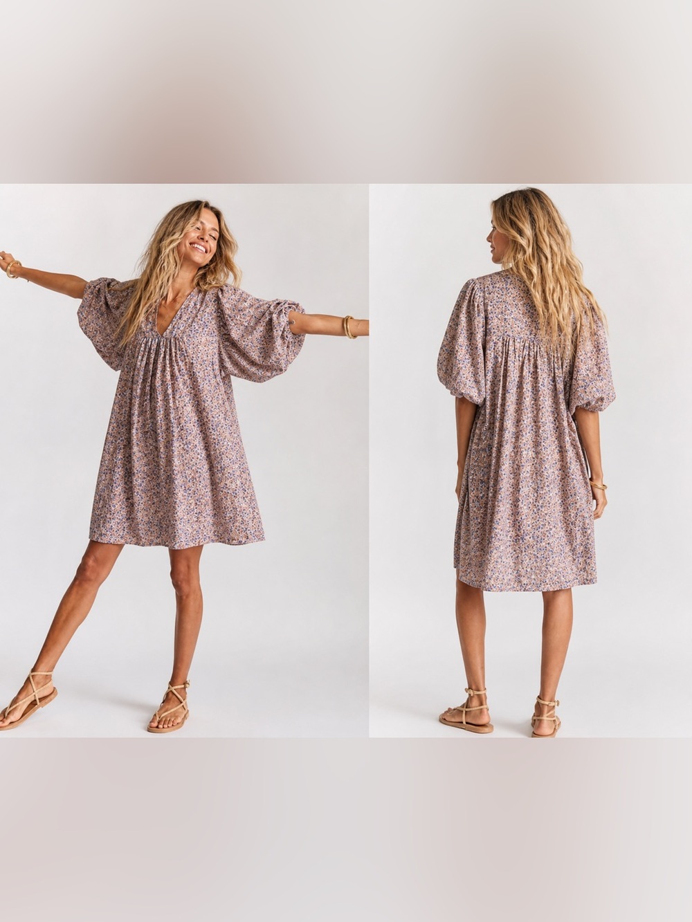 V-Neck Puff Sleeve Mini Dress in Dusty Lavender Floral